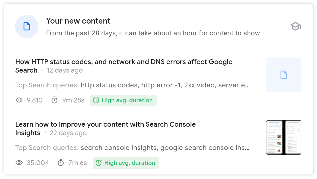 Search Console Insights new content card