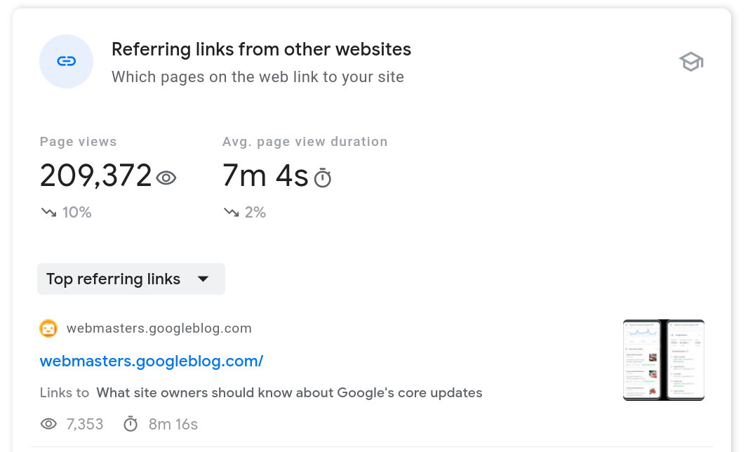 Search Console Insights yönlendiren bağlantılar kartı