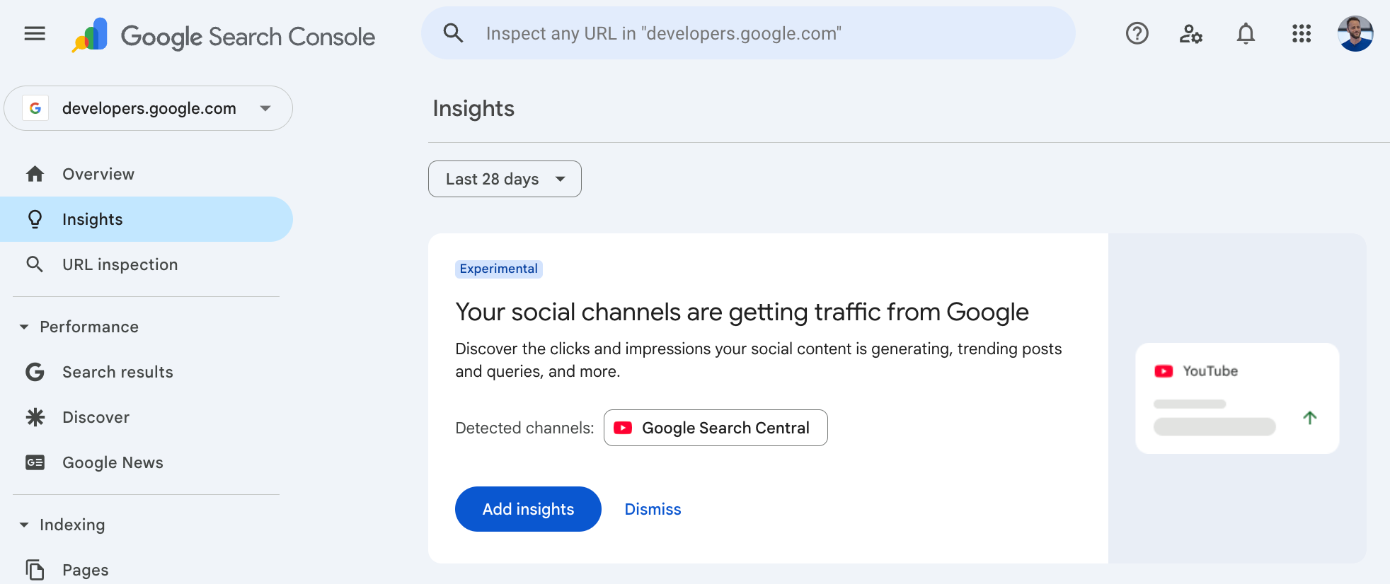 В отчете Search Console Insights предлагается добавить статистику вашего канала YouTube.