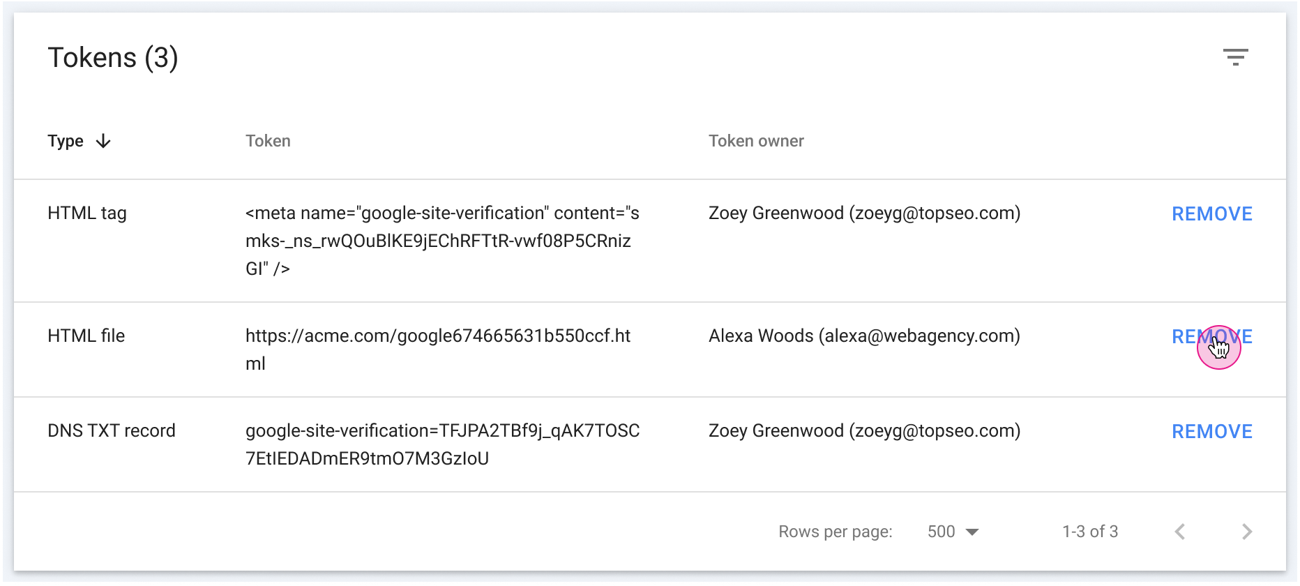 Zrzut ekranu z Search Console przedstawiający zarządzanie tokenami własności