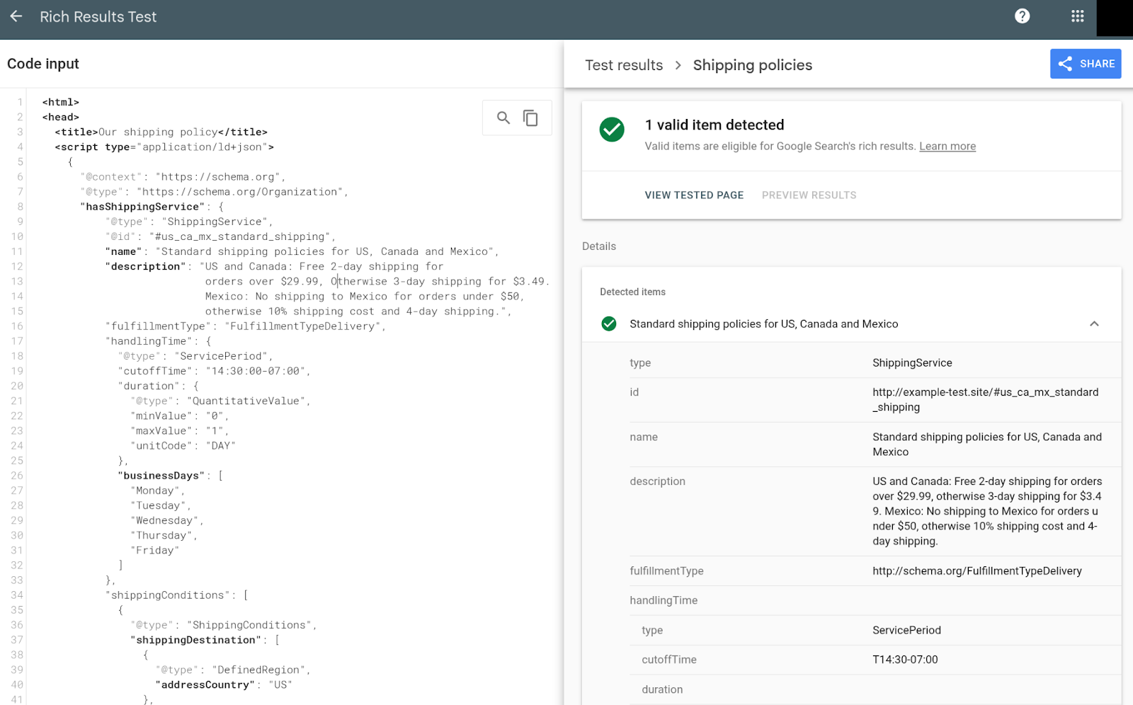 Разметка правил доставки в инструменте проверки расширенных результатов