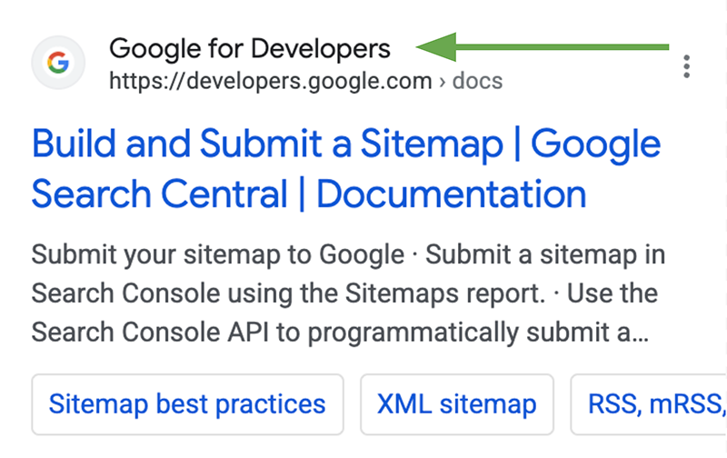 A screenshot of a Google Search result showing the site name highlighted above the URL