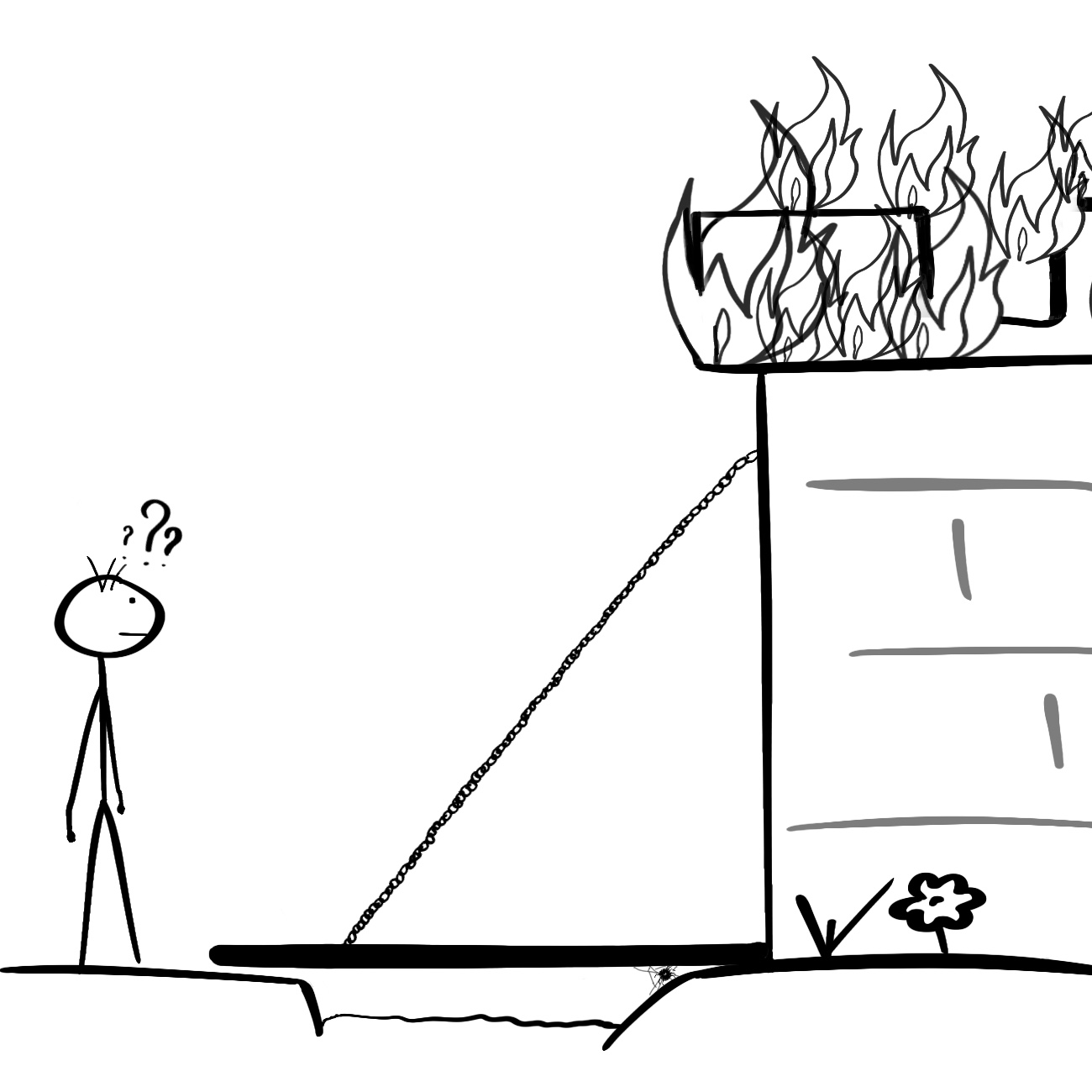 stick figure can't use the library because it's in flames