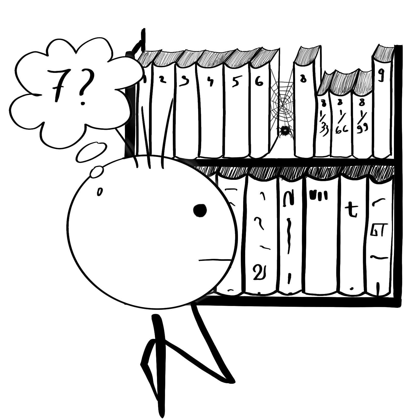 stick figure is at the library looking for book number 7, but can't find it. It seems to be not on the shelves, or in an illegible font.