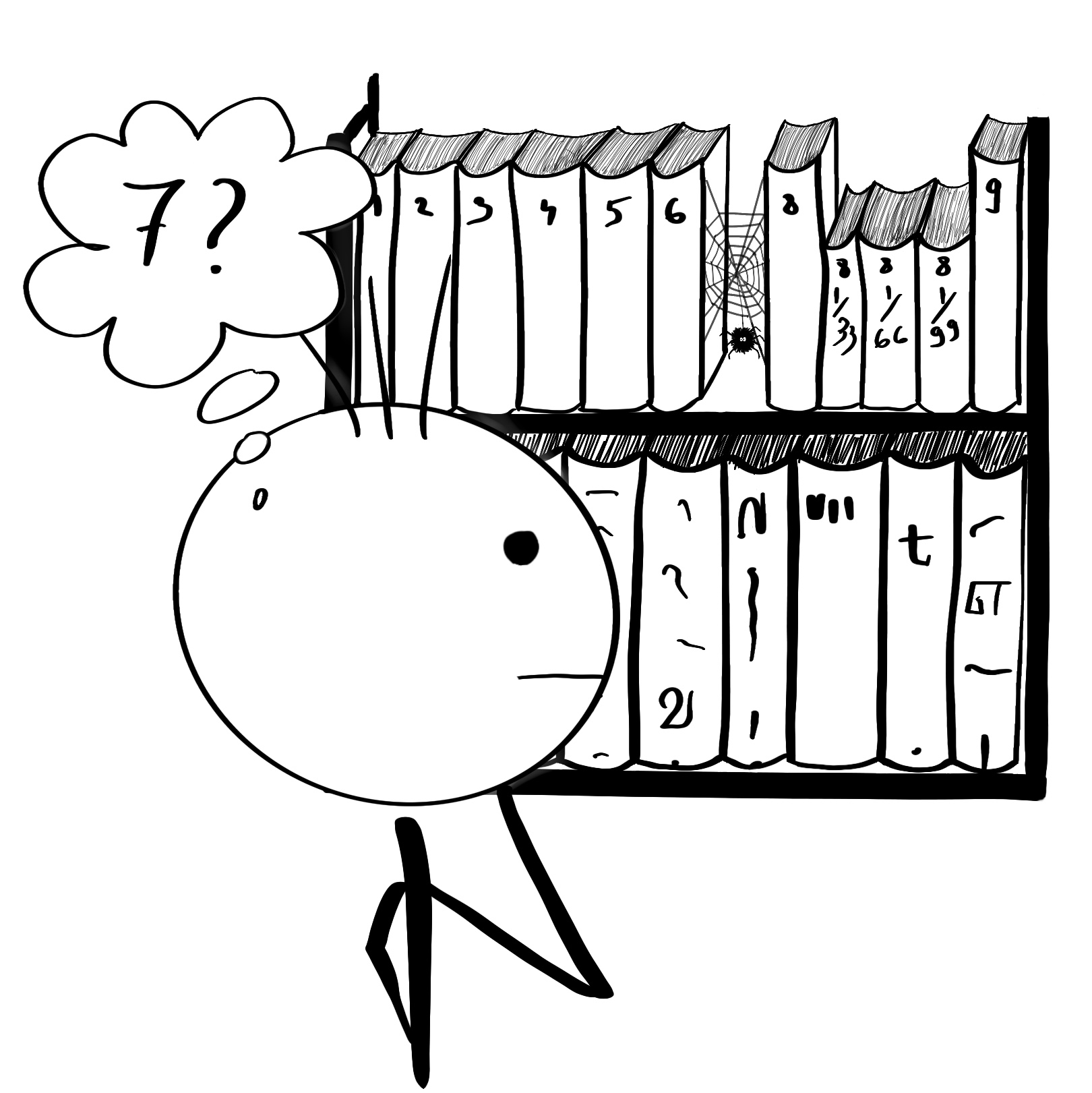 figur manusia lidi berada di perpustakaan untuk mencari buku nomor 7, tetapi tidak dapat menemukannya. Tampaknya tidak ada di rak, atau dalam font yang tidak terbaca.