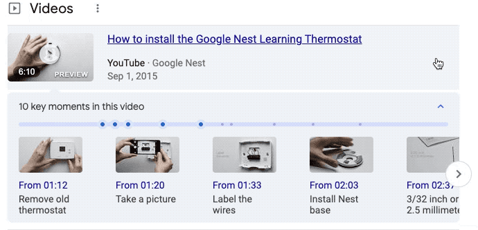 Page de résultats de recherche Google avec une vidéo, illustrant l&#39;affichage des temps forts.