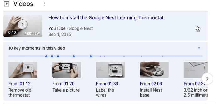 Video trên trang kết quả của Google Tìm kiếm, minh hoạ cách mà các khoảnh khắc chính được trình bày.