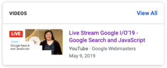 Ejemplo de cómo se muestra la insignia de transmisión EN VIVO en los videos en los Resultados de la Búsqueda de Google.