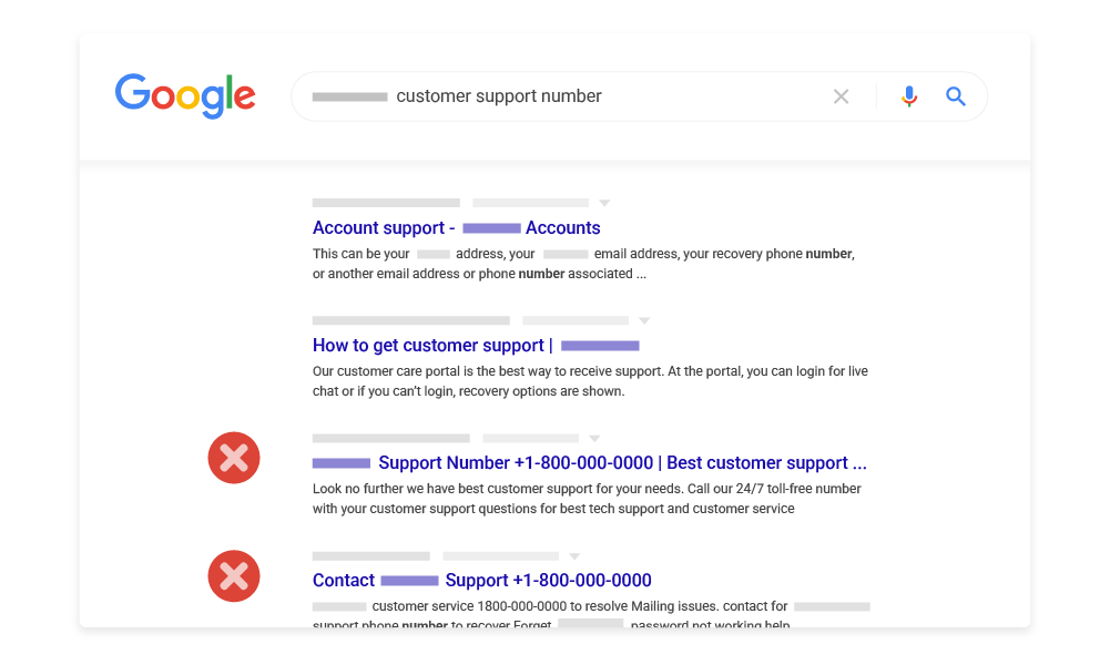 検索結果に表示されたカスタマー サポート詐欺の例