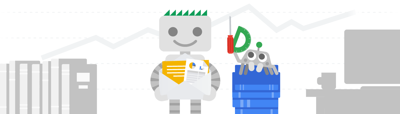 El robot de Google y su amiga araña aparecen ofreciendo estadísticas, herramientas y recursos