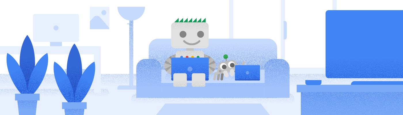 Googlebot y su amigo están sentados en un sillón.