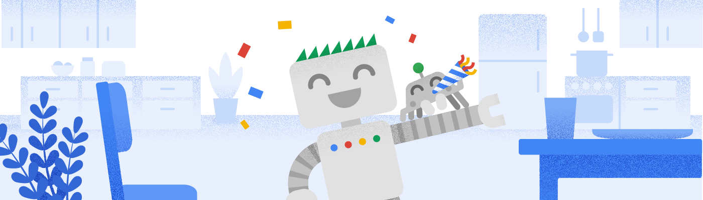 Робот Googlebot и его друг приветствуют новогодние праздники.