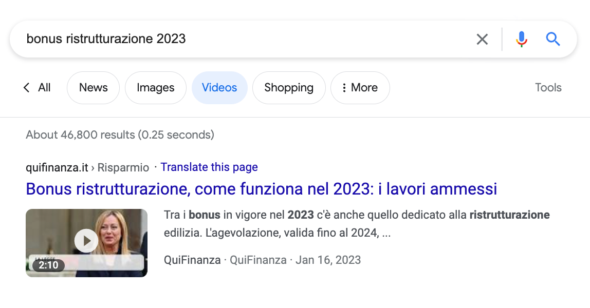 Italiaonline のウェブサイトが Google 検索の動画検索結果として表示されている