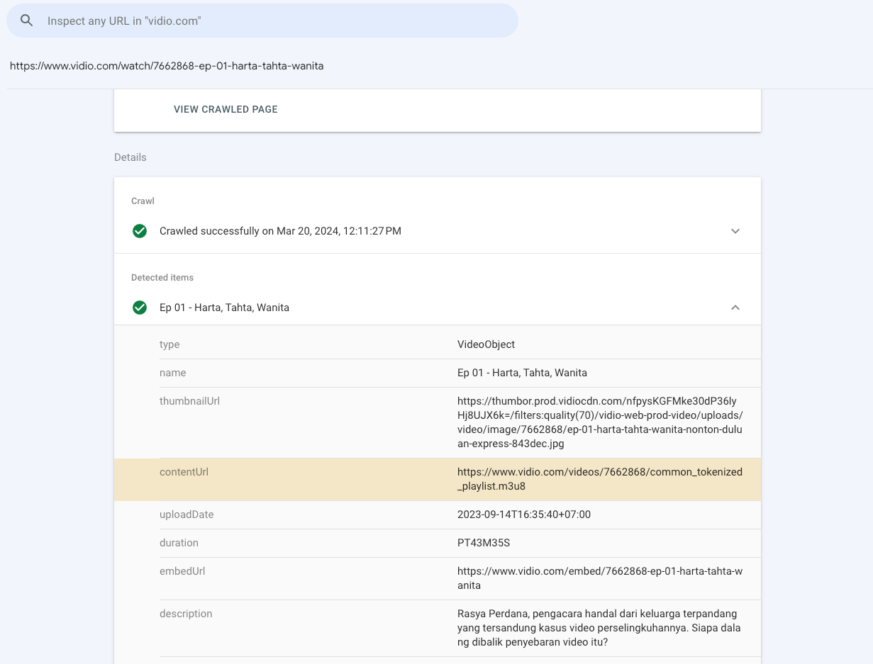 استخدم المعنيون في منصة Vidio القسم "تحسين الفيديو" في Search Console للتأكّد من أنّه تم تنفيذ ترميز VideoObject بشكل صحيح لإحدى الحلقات التلفزيونية