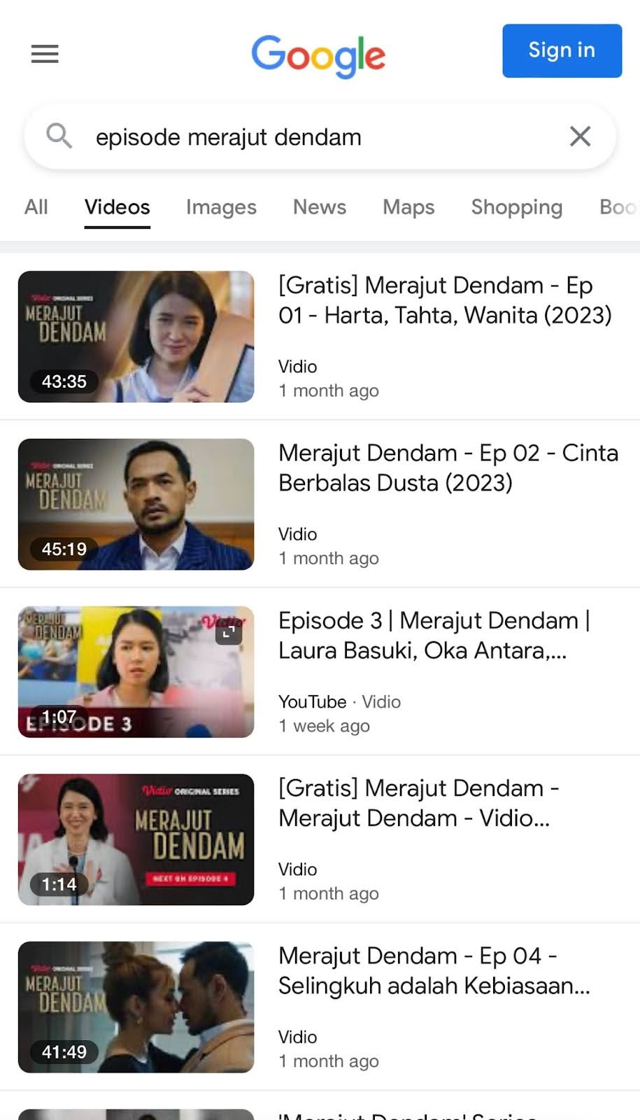 Vidio dans l'onglet "Vidéos" des résultats de recherche Google