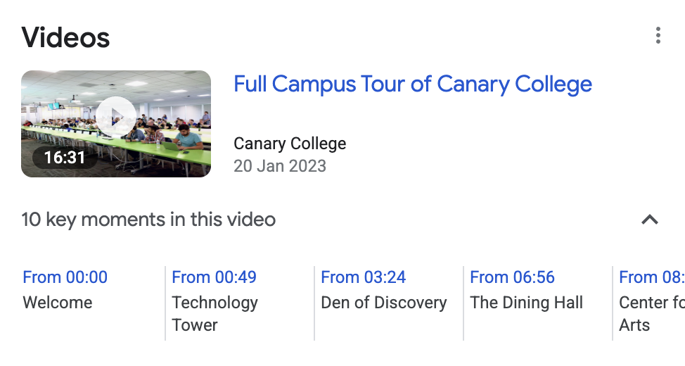 Um resultado da pesquisa para a consulta "Tour no campus do Canary College", que mostra o vídeo de um tour pelo campus com Momentos importantes que destacam seções do vídeo