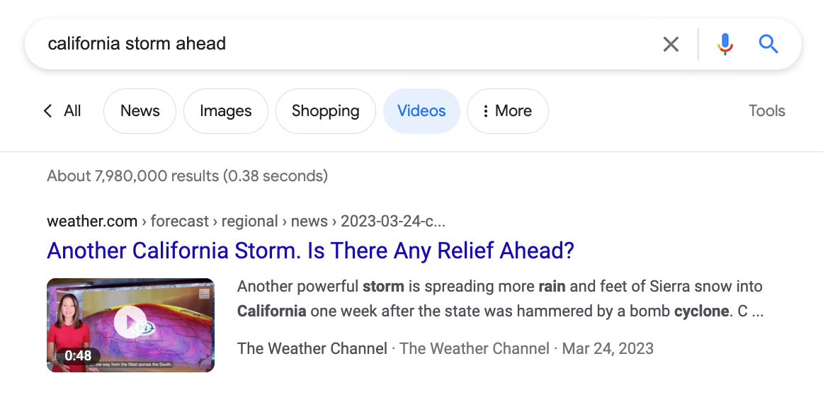 Google Arama'da video sonucu olarak görünen Weather.com