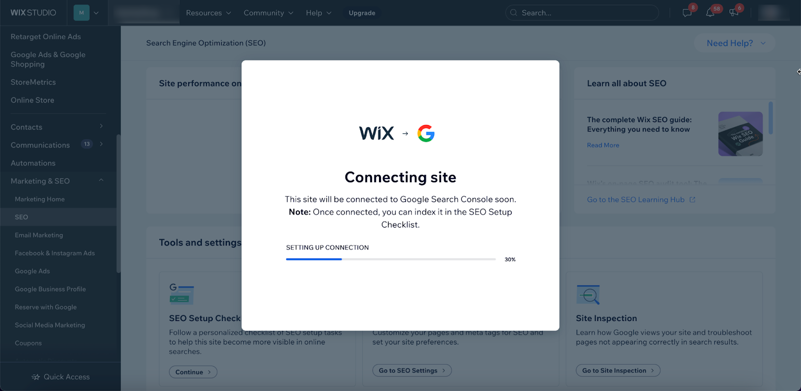 Wix bir siteyi Search Console'a bağlıyor