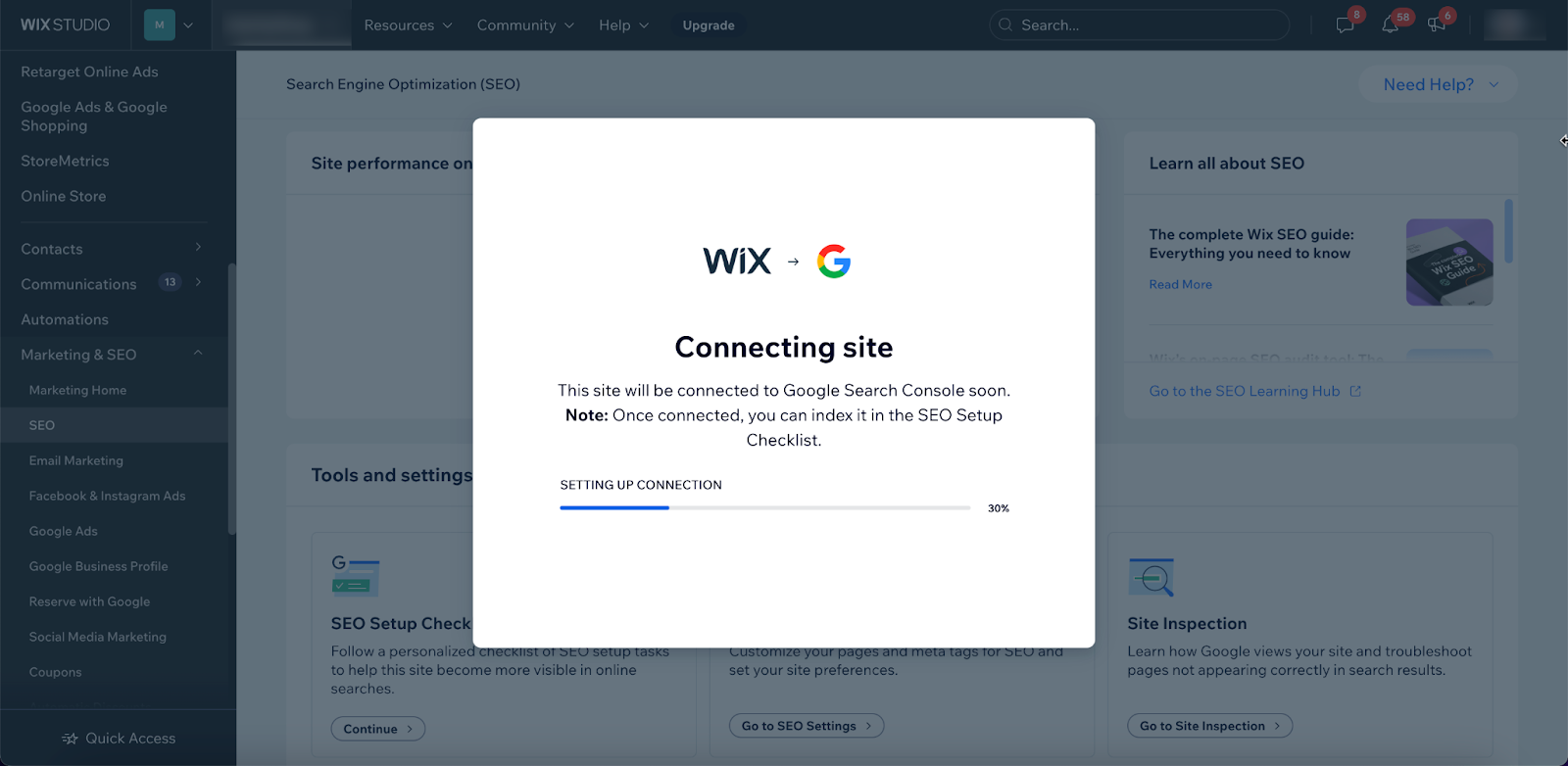 Wix verbindet eine Website mit der Search Console
