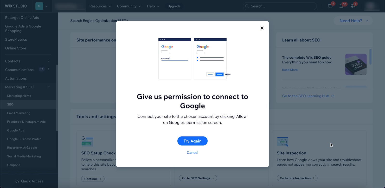 Wix'e bir siteyi Search Console'a bağlama izni veriliyor