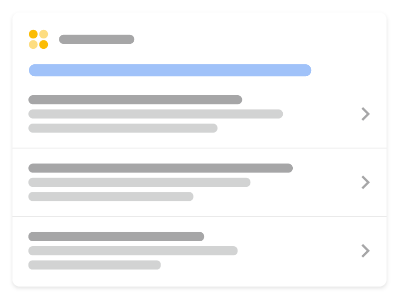 這張插圖顯示代管輪轉介面在 Google 搜尋中的顯示方式插圖中顯示相同網站上以輪轉介面格式顯示的 3 種不同課程，可供使用者探索和選取特定課程