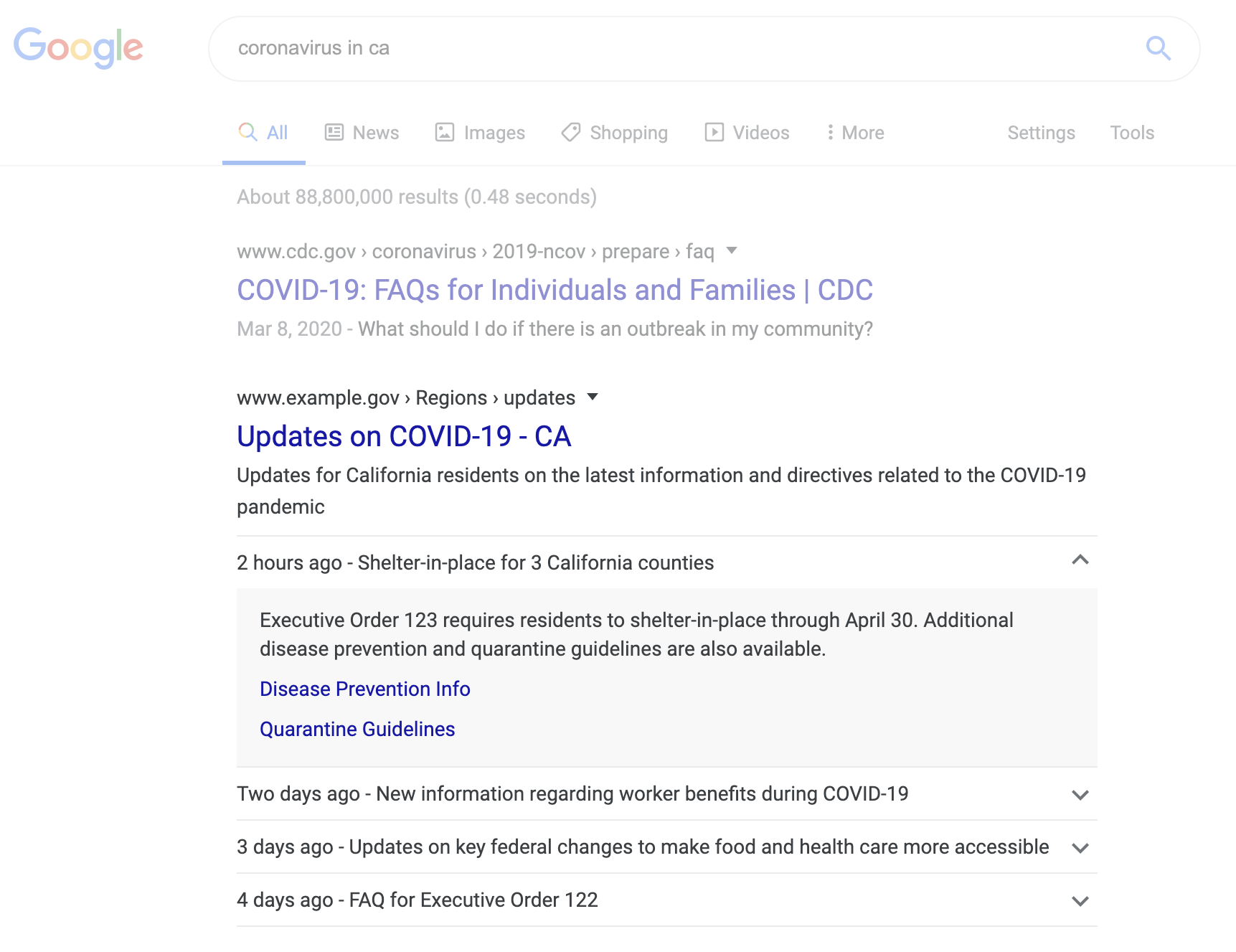 Google 検索での COVID-19 に関するお知らせの例
