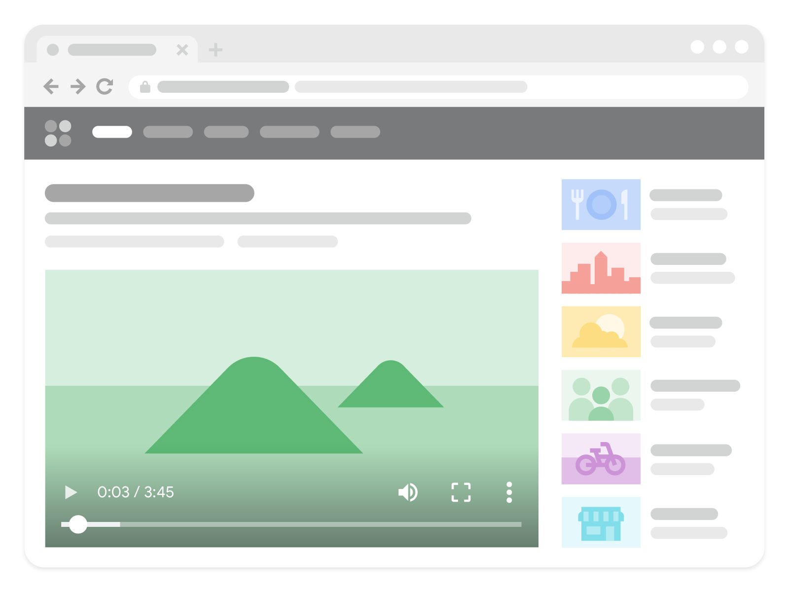 Eine Website, auf der ein Video als Hauptbestandteil angezeigt wird, vereinfachte Grafik von Google