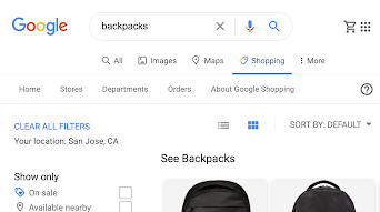 مثال على نتائج بحث‫ Google Shopping لطلب بحث عن حقائب الظهر