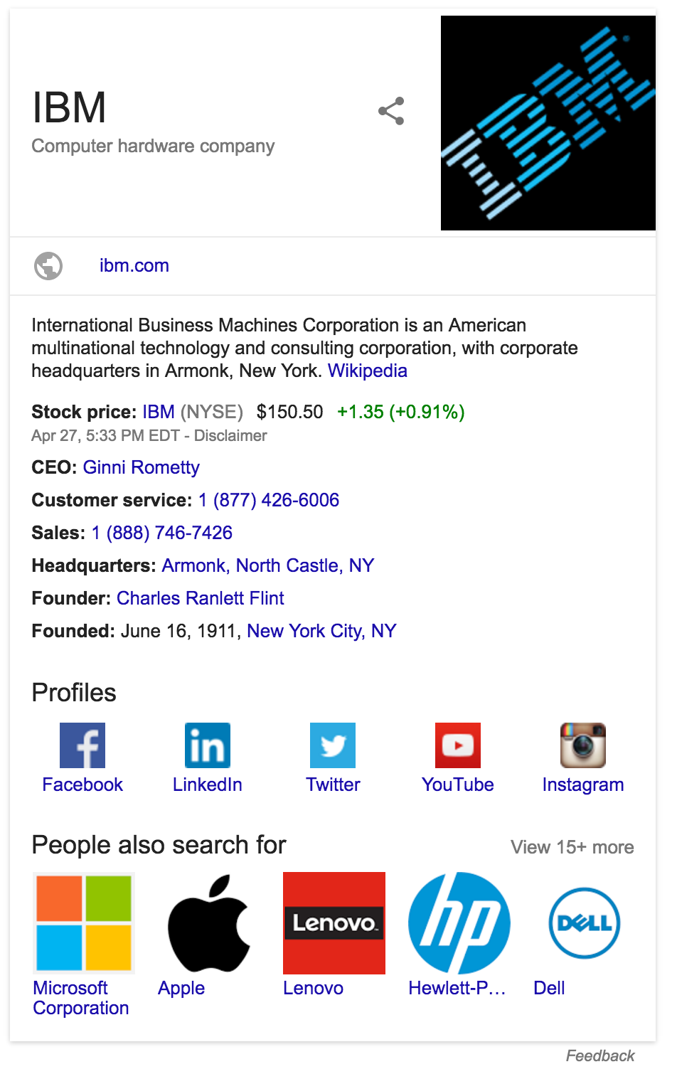 การ์ดความรู้ของ Google ในผลการค้นหาของ Search