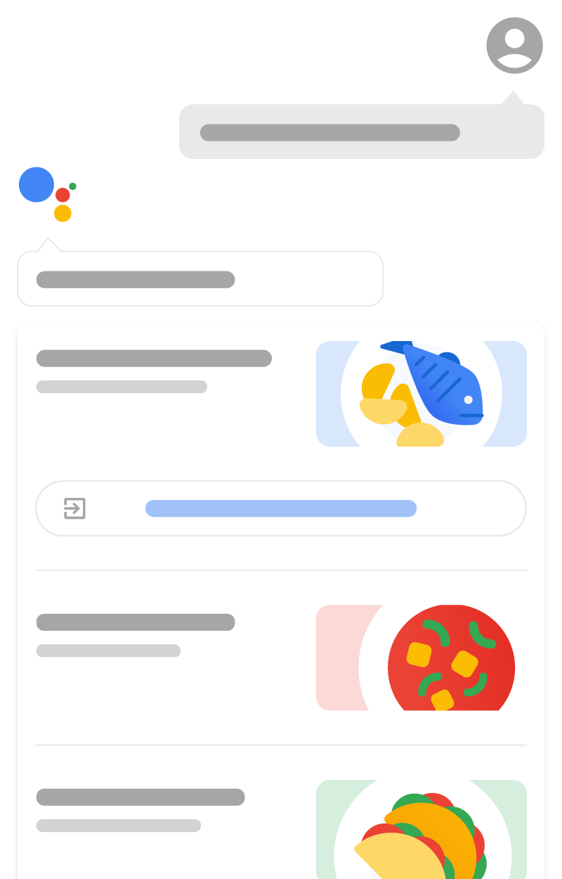 इस इमेज दिखाया गया है कि Google Assistant के ज़रिए, Google Home पर गाइडेड रेसिपी कैसे दिख सकती हैं. इसमें दिखाया गया है कि कैसे Google Assistant, रेसिपी बनाने के लिए संभावित रेसिपी की सूची के साथ, उपयोगकर्ता के अनुरोध का जवाब देती है