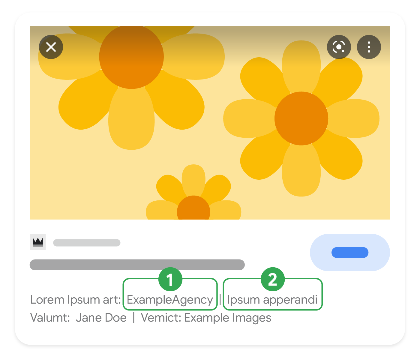 Google 画像検索でライセンス メタデータのどの部分が表示されるかを示すコールアウト