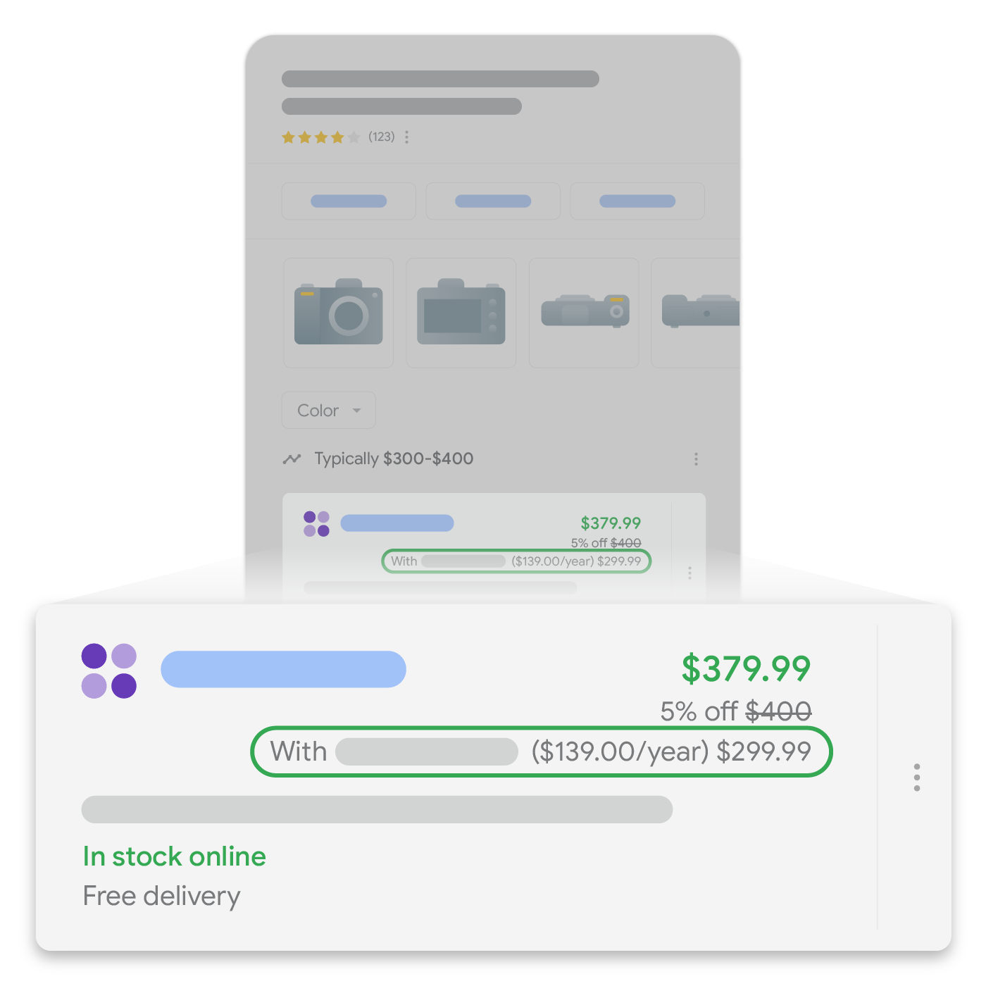 Блок знаний Покупок в результатах поиска, содержащий информацию о ценах по программам лояльности