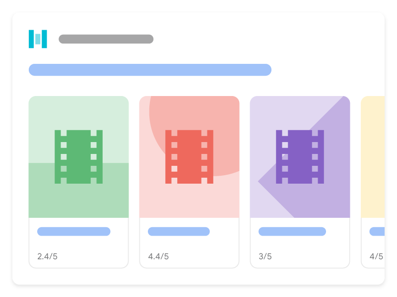Ilustração de como um carrossel de host de filmes pode aparecer na Pesquisa Google. Ela mostra três filmes diferentes do mesmo site em um formato de carrossel que os usuários podem explorar e selecionar um filme específico.