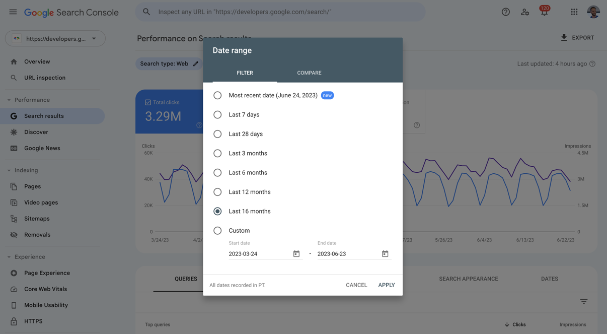 Search Console'daki performans raporunda Son 16 ayı gösteren tarih aralığı filtresi
