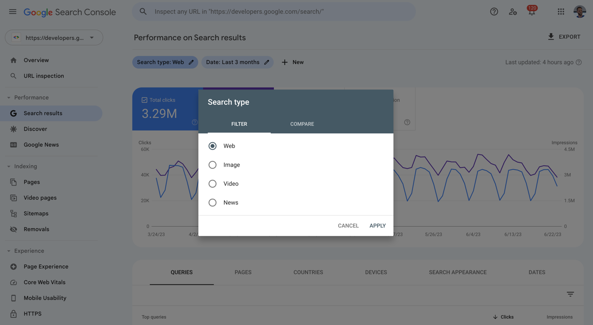 Search Console की परफ़ॉर्मेंस रिपोर्ट में, खोज का टाइप दिखाने वाला फ़िल्टर