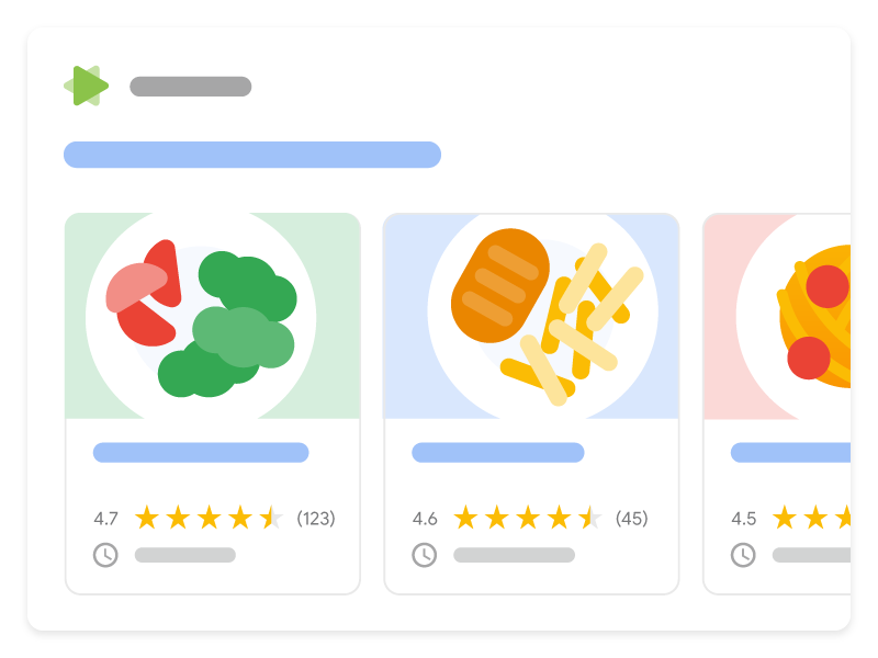 Illustrazione di come un carosello host di ricette può essere visualizzato nella Ricerca Google. Mostra 3 ricette diverse dello stesso sito web in un formato carosello che gli utenti possono esplorare e selezionare una ricetta specifica