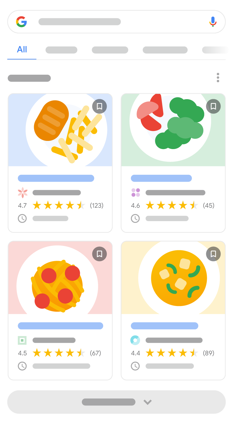 Ilustración de cómo pueden aparecer los resultados enriquecidos de recetas en la Búsqueda de Google. Contiene 4 resultados enriquecidos de diferentes sitios web, con detalles sobre cuánto se tarda en cocinar la receta, una imagen e información de reseñas.