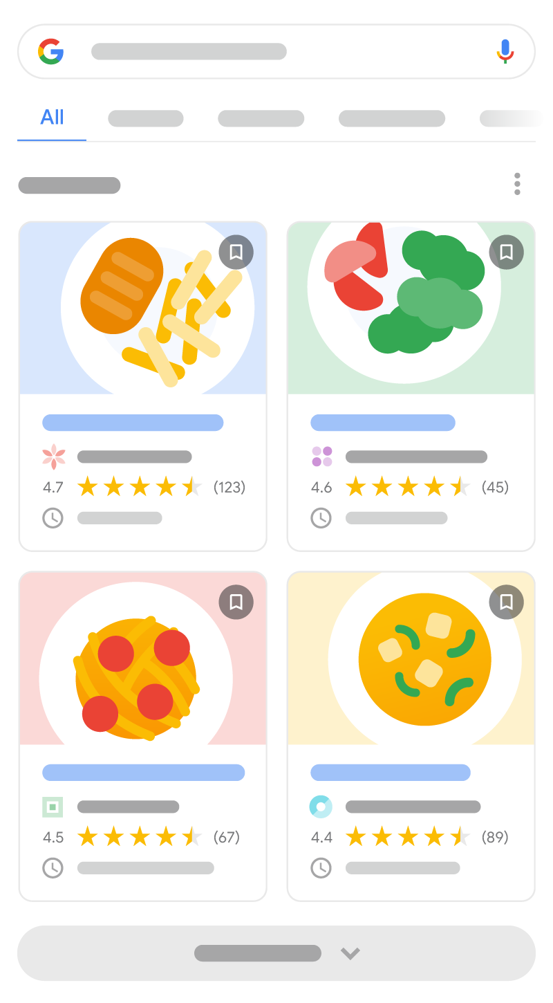 這張插圖顯示食譜複合式搜尋結果在 Google 搜尋中的顯示方式。當中含有 4 項來自不同網站的複合式搜尋結果,包括烹飪時間、餐點圖片與評論資訊等詳細資料。