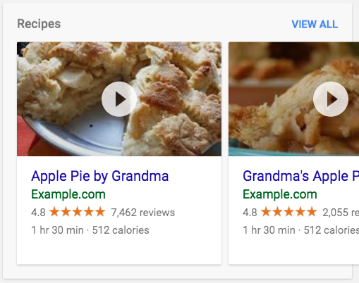 A carousel of recipes in search results. The carousel shows
      2 cards about different types of pies. You can click the results to play a video.