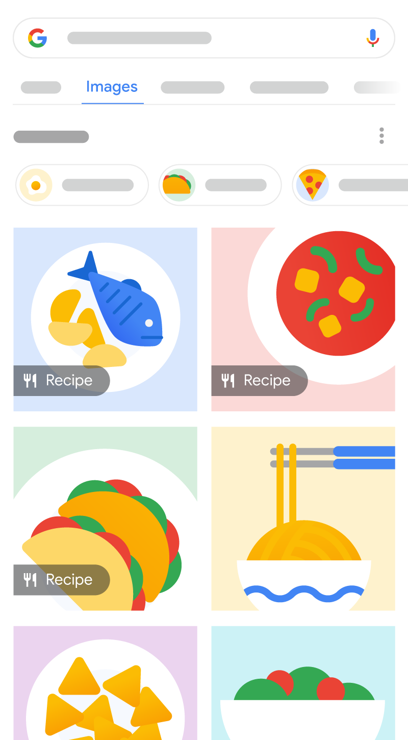 An illustration of how a recipes can appear in Google Images. There are 6 images results showing different food items, with 3 results containing a recipe badge that tells the user it's a recipe