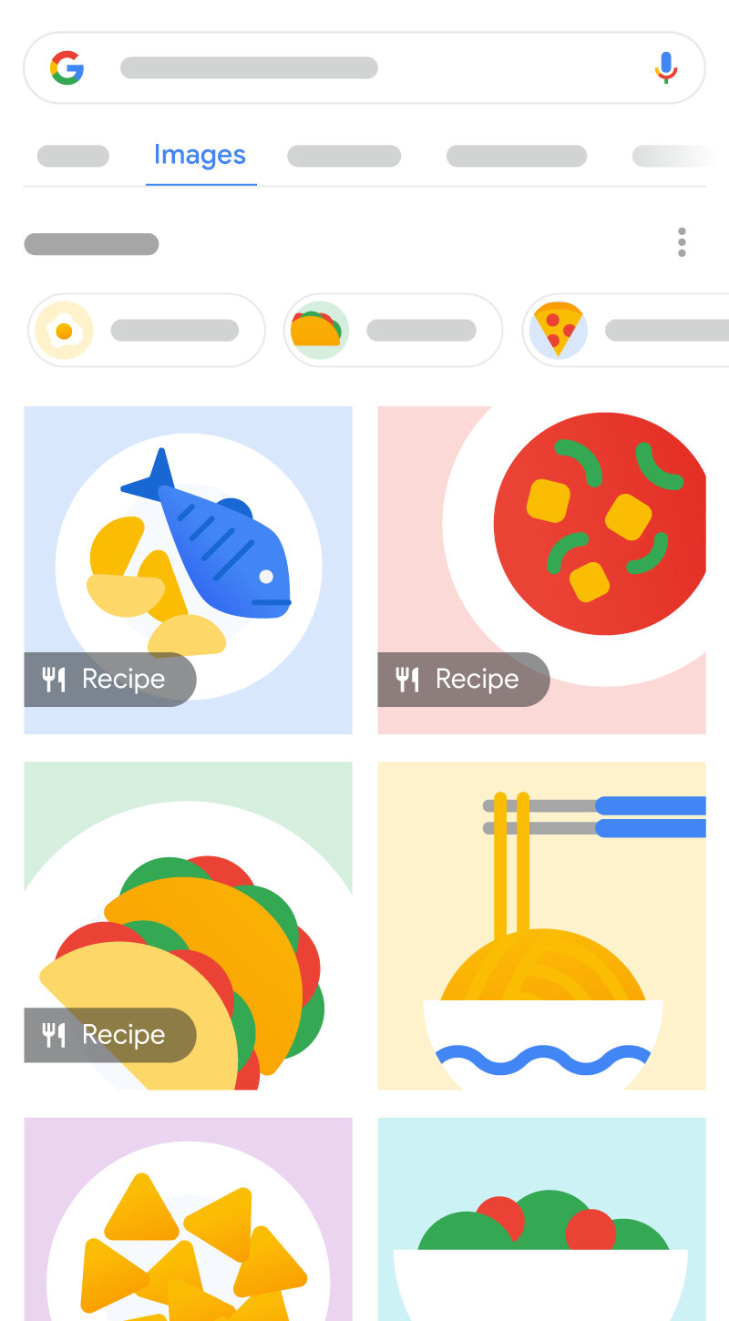 صورة توضيحية تبيّن شكل ظهور وصفات طعام ضمن "صور بحث Google" وتعرض 6 نتائج صور تظهر فيها أطعمة مختلفة، وتتضمن 3 نتائج منها شارة وصفة لإعلام المستخدمين بأنّها وصفة