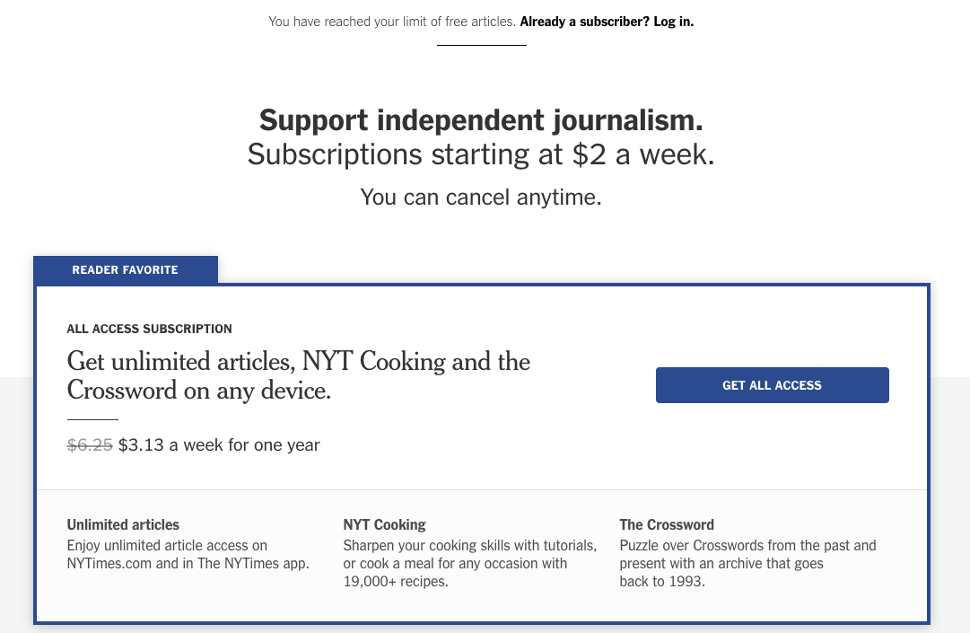 مثال على حاجز الدفع لصحيفة New York Times يُظهر وصول قارئ إلى الحد المسموح به من المقالات