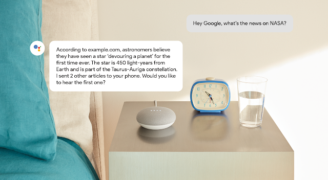 .Google Home مثال محكي يوضّح محادثة مع .عن آخر أخبار وكالة ناسا Google Home شخص يسأل .بتوفير قائمة تتضمّن ثلاث مقالات إخبارية Google Home ويردّ
