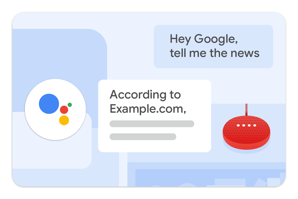 Google Home과의 대화를 보여주는 speakable의 예 사용자가 Google Home에게 NASA의 최신 소식을 묻습니다. Google Home이 3개의 뉴스 기사 목록으로 응답합니다.
