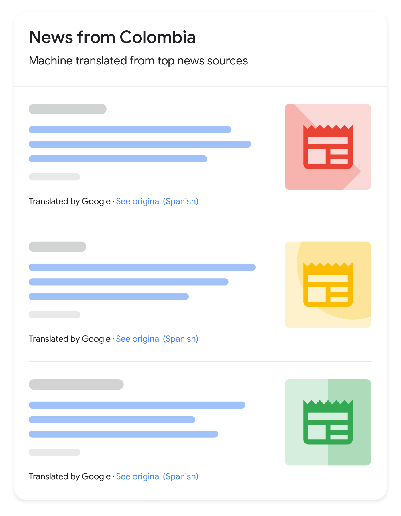 مثال على شكل ظهور النتائج الإخبارية المترجَمة في "بحث Google"
