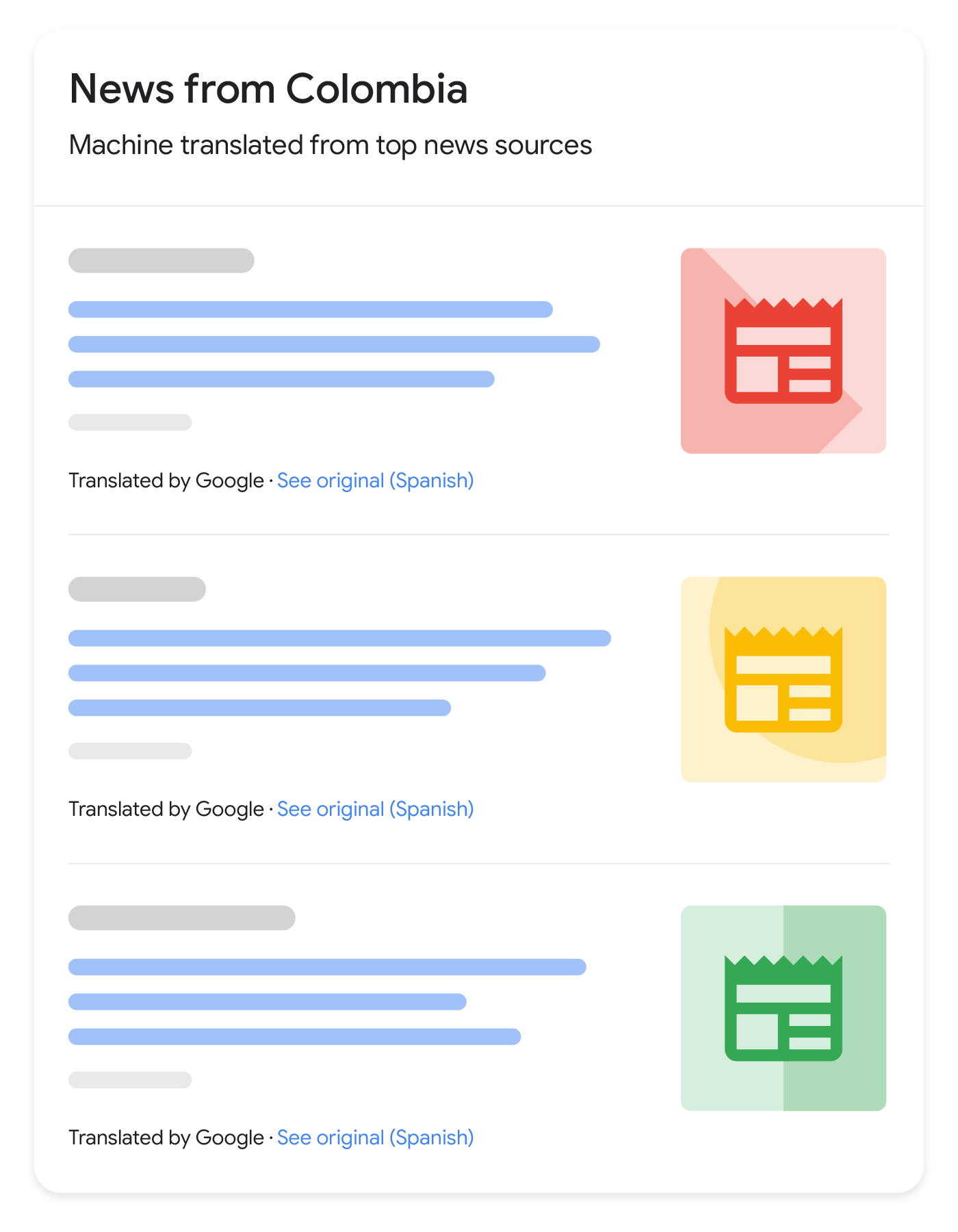 Come potrebbero apparire i risultati di notizie tradotti nella Ricerca Google