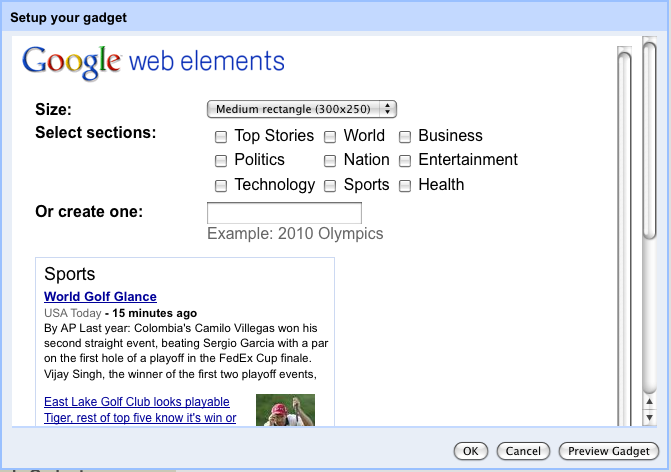 Konfigurationsansicht für Google Sites-Gadgets