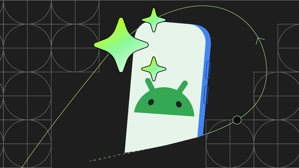 สมาร์ทโฟนที่มีโลโก้ Android บนหน้าจอพร้อมดาวลอยอยู่รอบๆ