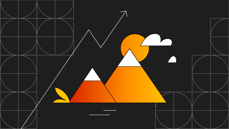รูปภาพลูกศรเคลื่อนที่ข้ามทิวทัศน์ที่มีภูเขาอยู่ตรงกลาง