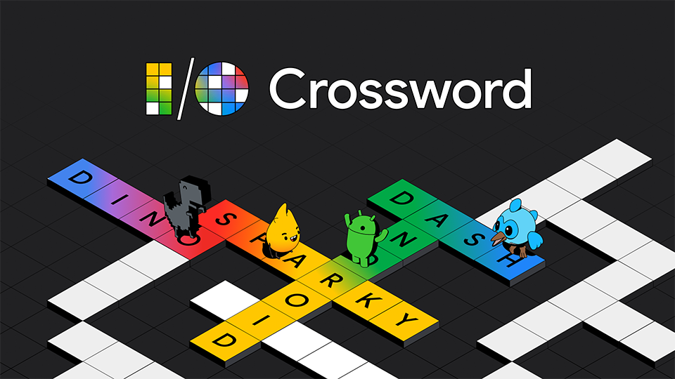 Krzyżówka z nazwami maskotek Google na czarnym tle, m.in. Firebase Sparky, dinozaur w Chrome, Android Robot i Flutter Dash